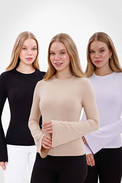 Yade Fashion Kadın İspanyol Kol Body 3’lü Set – Siyah Beyaz Ekru