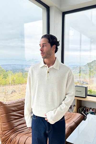 Flaw Wear Πλεκτό μπεζ φούτερ με γιακά πόλο και κουμπιά