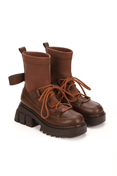 PASSAGE SHOES 5073 KADIN CİLT BAĞCIKLI DALGIÇ KUMAŞ DETAYLI BOT KAHVE