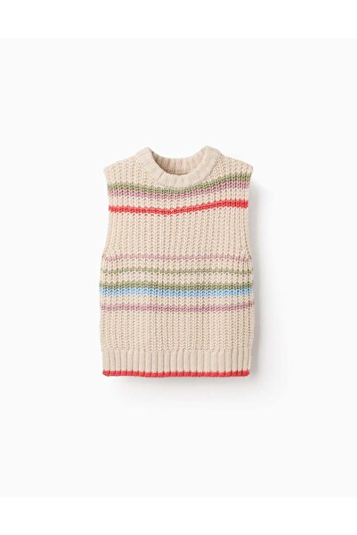 Ziddy Knitted Waistcoat with Colourful Stripes for Girls, Beige