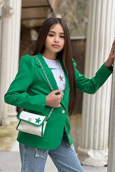 Riccotarz Girls' Printed T-Shirt Loose Fit Star Detail Jean Pants Green Blazer Jacket Bottom Top Set