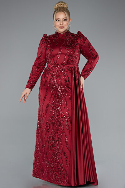 Abiyefon Bordo Dik Yaka Boncuklu Uzun Kol Büyük Beden Tesettür Abiye ABU4942