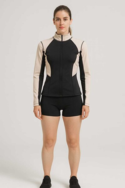 Candle Women's Long Sleeve Beige and Black Swim Jacket with Front Zip