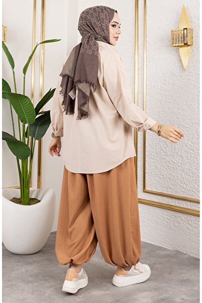 sefamerve Beli Lastikli Şalvar Pantolon 0001-06 Taba