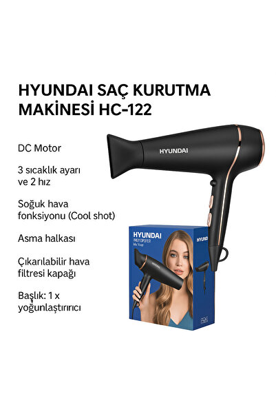 Hyundai HC-122 Profesyonel Saç Kurutma Makinesi 1800W – 3 Isı Ayarı, 2 Hız, S...