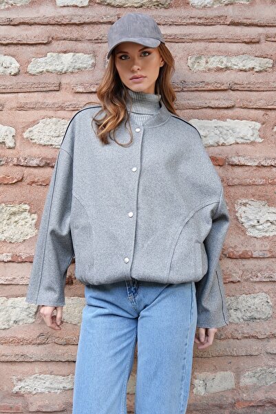 VAGGON Kadın Gri Çıt Çıt Kapamalı Çift Cepli Beli Lastikli Kaşe Ceket Vs01227