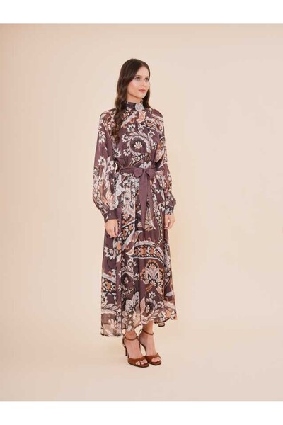 SERPİL Çiçek Desenli Kuşaklı Uzun Kollu Maxi Elbise 50960