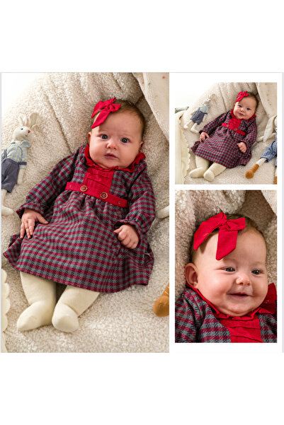 Caramell Baby Girl Dress 100% Cotton Winter (3-18 Months) – Ruffled Collar, Checkered Pattern