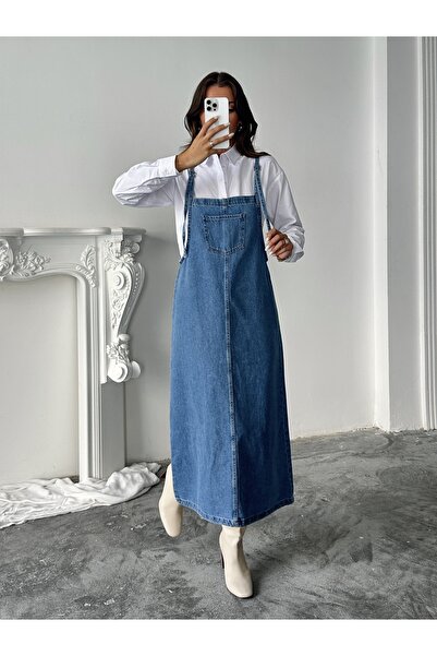 blue marlın KADIN UZUN MAVİ ASKILI BAHÇEVAN KOT ELBİSE