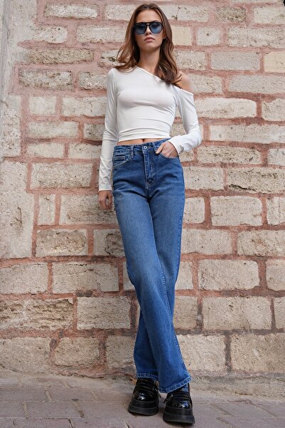 VAGGON Blugi de damă albastru cu 5 buzunare, cu talie înaltă, cu picior drept, Vs01206