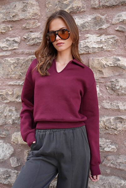 VAGGON Women's Burgundy Polo Neck Ribbed 3 Thread Sweatshirt Vs01216