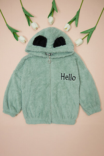 Fulla Moda Hello Nakışlı Fermuarlı Unisex Çocuk Pelüş Mont