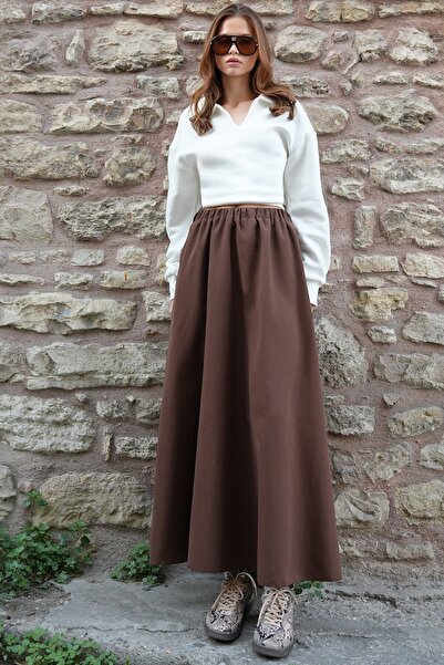 VAGGON Women's Brown Elastic Waist Belt Detailed Double Pocket Midi Skirt Vs01210