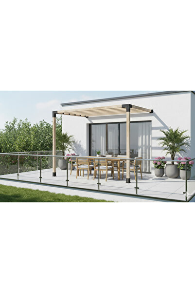 iAhşap 3 x 3.6 Metre Sundurma Pergole Braket Seti 2 Ana Direkli Üstü Izgaralı Eğimli Sundurma