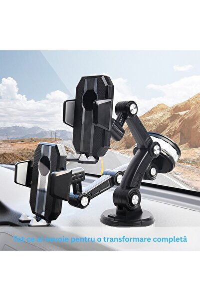 MaxTech Suport Telefon Auto cu Brat Articulat si Ventuza Reutilizabila, Reglaj in 3 puncte si Rotire 360°