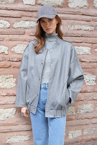 VAGGON Kadın Gri Çıt Çıt Kapamalı Çift Cepli Beli Lastikli Kaşe Ceket Vs01227