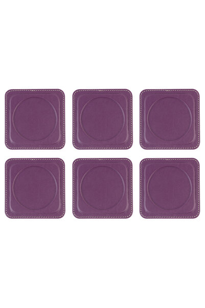 2K Coasters, Set of 6, Desktop Round Cup Coaster, Vegan Faux Leather, 11X11 Cm., Lilac