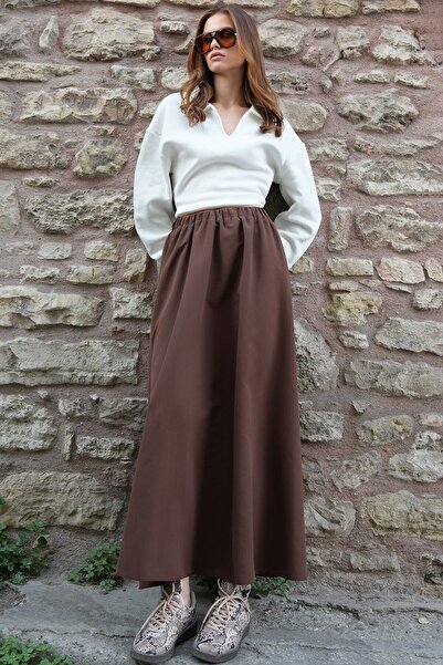 VAGGON Women's Brown Elastic Waist Belt Detailed Double Pocket Midi Skirt Vs01210