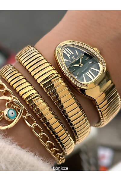 Reward Stone Snake Watch from Thick to Thin (2 Rounds), Small Case (24 Diameter), 3 Atm Gold Steel Band, Bracelet