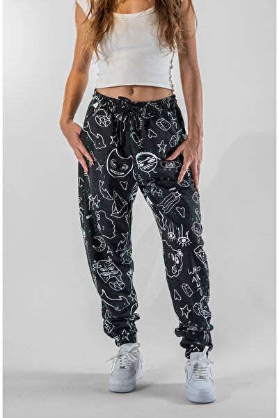 Superbluemexico Kadın Dijital Baskılı Paçası Lastikli Jogger Pantolon