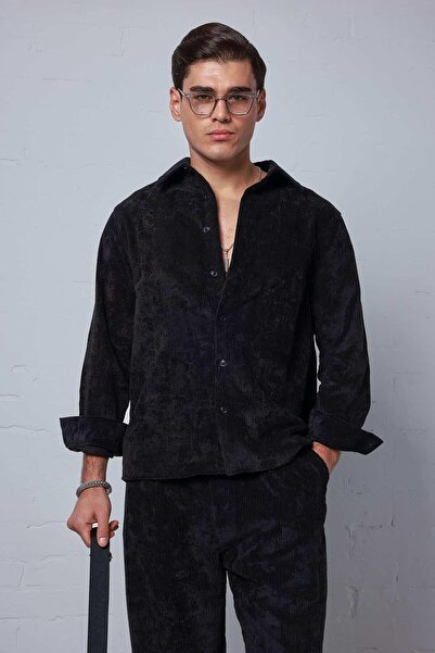 ablukaonline Men's Oversize Velvet Textured Long Sleeve Shirt Black