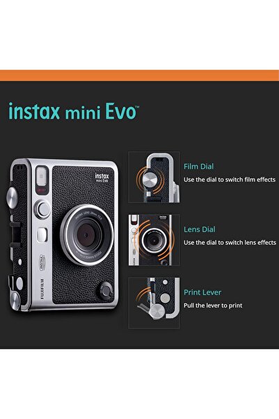 Fujifilm Instax Mini EVO Black Hybrid Instant Camera with 20-Sheet Film, 32GB microSD Card, Case