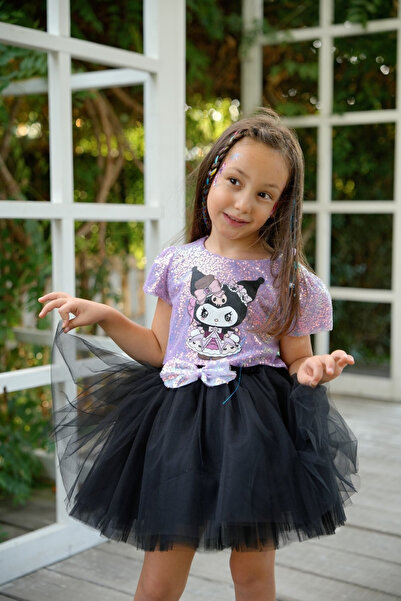 DUCA KIDS Kuromi Temalı Payetli Bluz Siyah Tül Set