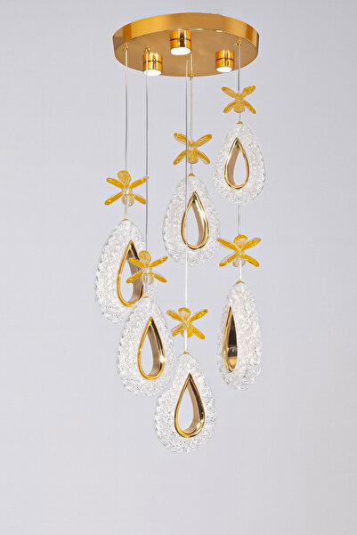 Turanconcept Arel 6lı Modern Led Avize Gold Renk Kristal Görünüm Gün Işığı Enerji Tasarruflu Salon Yemek Odası