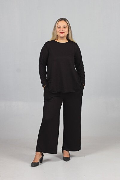 Truva XXL Casual Chic: Μαύρο Σετ Μακρύ Χτενισμένο Βαμβακερό Κοστούμι - Ποιότητα υφάσματος Lycra 2 νημάτων