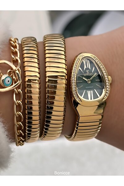 Reward Stone Snake Watch from Thick to Thin (2 Rounds), Small Case (24 Diameter), 3 Atm Gold Steel Band, Bracelet