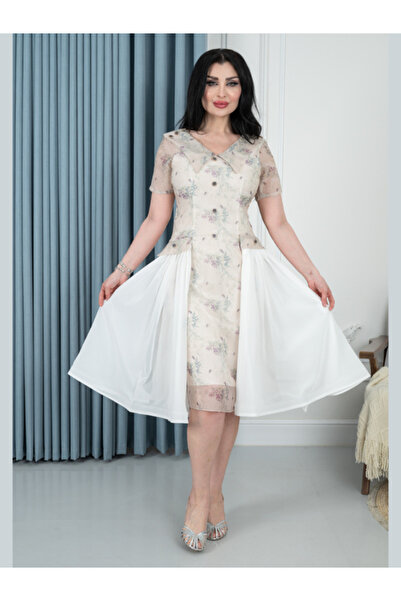 TREN Women's Evening Midi Dress - Floral Print with White Panels V-Neck Button Detail