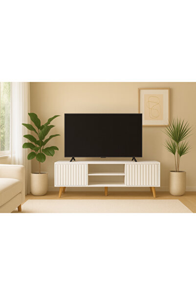 AYKOL MOBİLYA Modern TV Sehpası 180 cm Çıtalı Kapaklı Ahşap TV Ünitesi Konsol, Konik Ayaklı