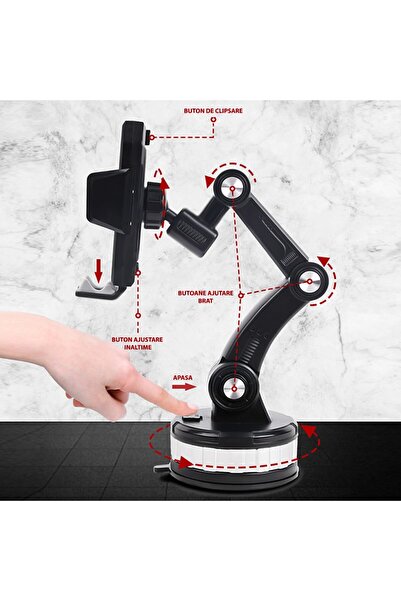 MaxTech Suport Telefon Auto cu Brat Articulat si Ventuza Reutilizabila, Reglaj in 3 puncte si Rotire 360°