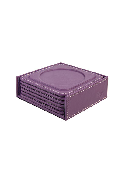 2K Coasters, Set of 6, Desktop Round Cup Coaster, Vegan Faux Leather, 11X11 Cm., Lilac