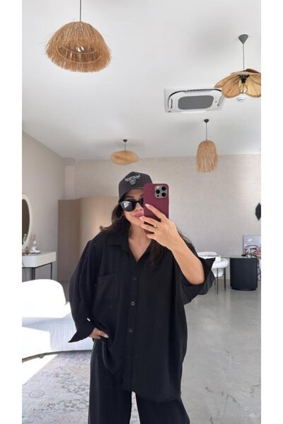 JANES Women's Flared Linen Single Pocket Oversized Shirt