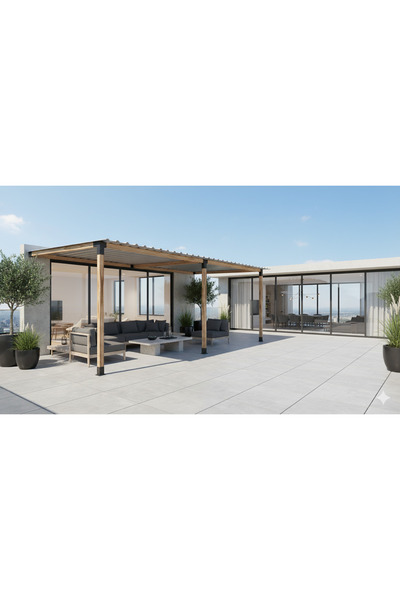 iAhşap 4 x 6.4 Metre Breketli Sundurma Pergole 3 Ana Direkli Trapezli Gölgelikli