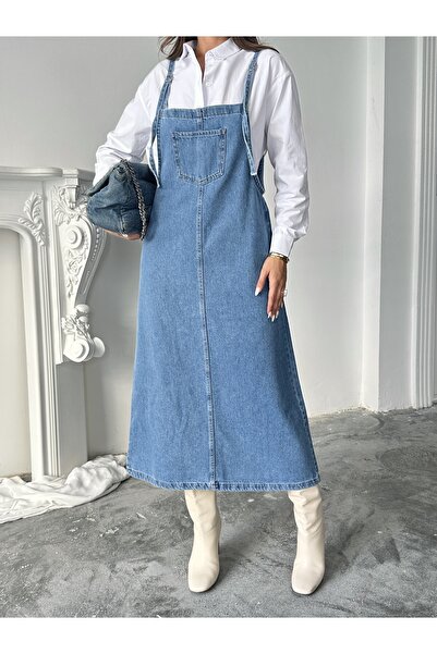 blue marlın KADIN UZUN MAVİ ASKILI BAHÇEVAN KOT ELBİSE