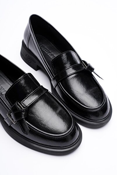 Mubiano Women's Patent Leather Loafer Platinum Buckle Black Elor