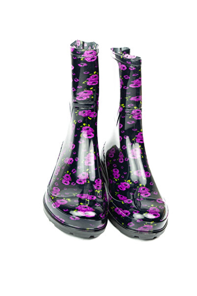 BABALİ 15101 Μαύρες φλοράλ κοντές γυναικείες μπότες βροχής