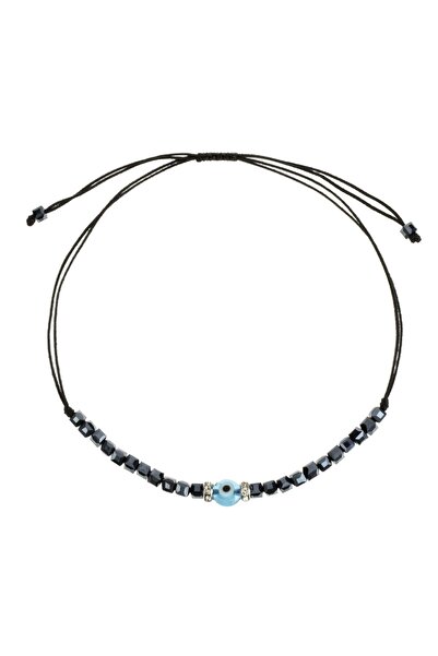 OEM Bratara Neagra cu Ochi Turcoaz Strass & Margele Albastre