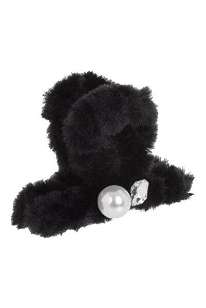 OEM Black Faux Fur Hair Clip with White Bead & Stone for Women 9.5cm