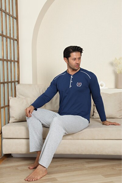 LİLA İÇ GİYİM Ανδρικό Σετ Πιτζάμες Βαμβακερό Μακρυμάνικο Navy Blue