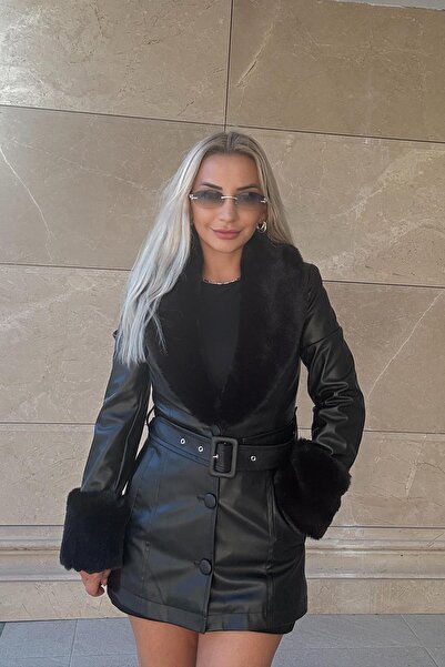 Muna Boutique İthal Yakası Kolları Kürklü Siyah Deri Kadın Ceket
