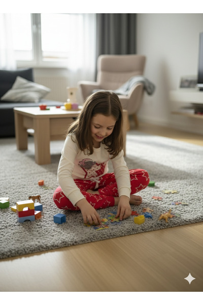 Şimo Butik Kız Çocuk Pijama Takımı %100 Pamuk Uzun Kollu Kışlık Filli Yıldızlı Kırmızı Beyaz