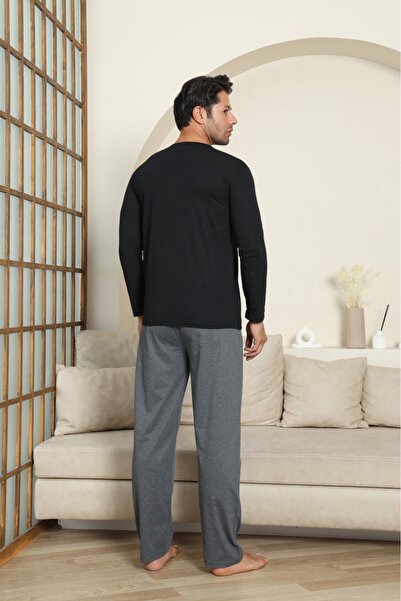 LİLA İÇ GİYİM Erkek Pamuklu Uzun Kol Siyah Pijama Takımı