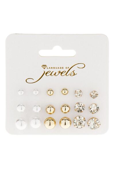 OEM 3 Sizes Stud Earrings with Rhinestones & White Gold Pearls for Women - 9 Pairs