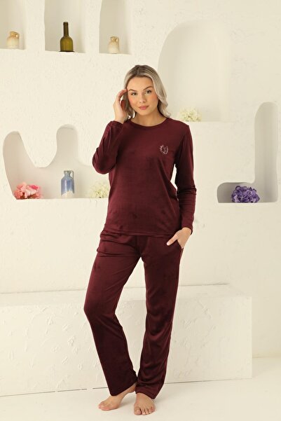 ALİMER Kadın Bordo Bisiklet Yaka Düğmesiz İpeksi Yumuşak Kadife Kışlık Uzun Kol Cepli Pijama Takımı