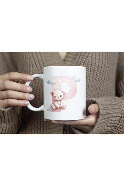 Beramussa كوب بحرف P الأولي مع تفاصيل دب لطيف، كوب وردي جميل كهدية - تمثال دب...