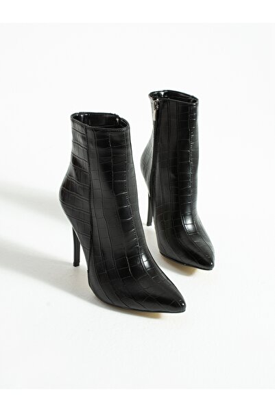 ALEMDAR AYAKKABI BRAVONA Siyah Kroko İnce Topuklu Kadın Bot