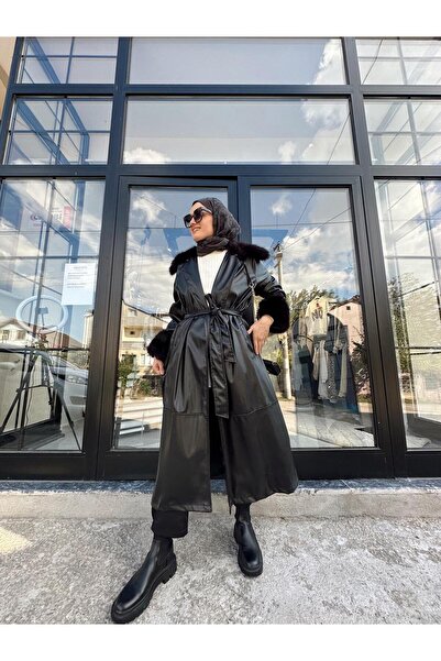 HENZA Kürk Detaylı Deri Trenç Siyah